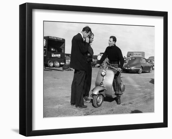 Stirling Moss on a Vespa Scooter, Goodwood, April 1952-null-Framed Photographic Print