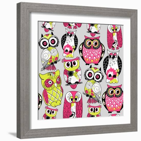 Stock Vector Illustration: Seamless and Colourful Owl Pattern.-Alisa Foytik-Framed Art Print