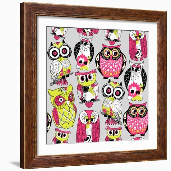 Stock Vector Illustration: Seamless and Colourful Owl Pattern.-Alisa Foytik-Framed Art Print