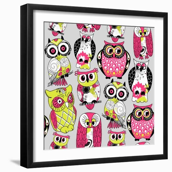 Stock Vector Illustration: Seamless and Colourful Owl Pattern.-Alisa Foytik-Framed Art Print
