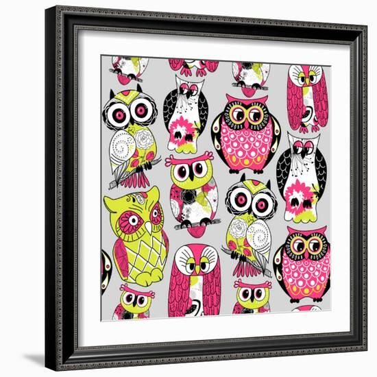 Stock Vector Illustration: Seamless and Colourful Owl Pattern.-Alisa Foytik-Framed Art Print