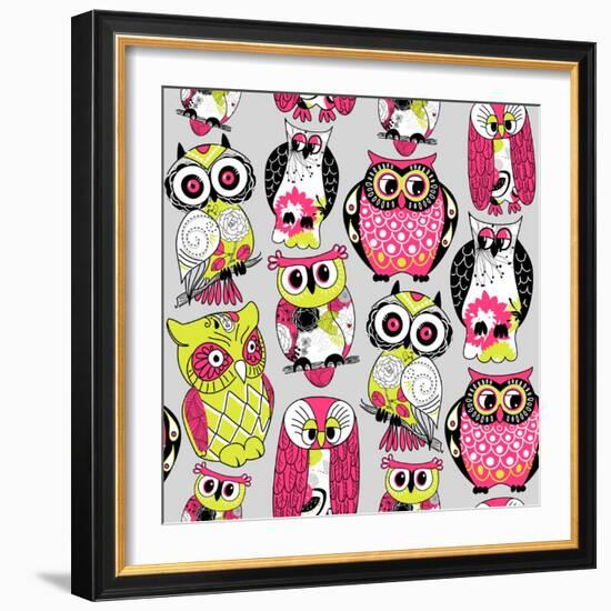 Stock Vector Illustration: Seamless and Colourful Owl Pattern.-Alisa Foytik-Framed Art Print