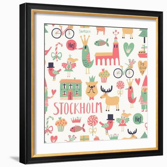 Stockholm Concept Seamless Pattern in Vector. House, Church, Gnome, Birds, Moose, Bicycle, Horse An-smilewithjul-Framed Art Print