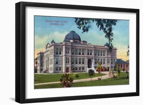 Stockton, California - Exterior View of Stockton High School-Lantern Press-Framed Art Print