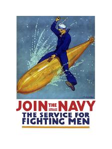 World War I Propaganda Poster of a Sailor Riding a Torpedo by Stocktrek Images