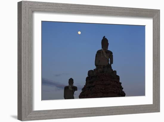 Stone Buddhas With Common Myna (Acridotheres Tristis) On Top And Moon. Thailand-Oscar Dominguez-Framed Photographic Print