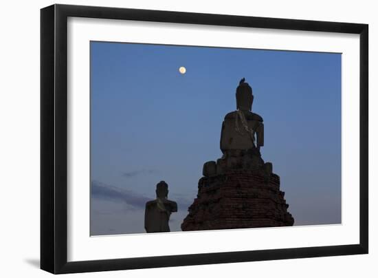 Stone Buddhas With Common Myna (Acridotheres Tristis) On Top And Moon. Thailand-Oscar Dominguez-Framed Photographic Print