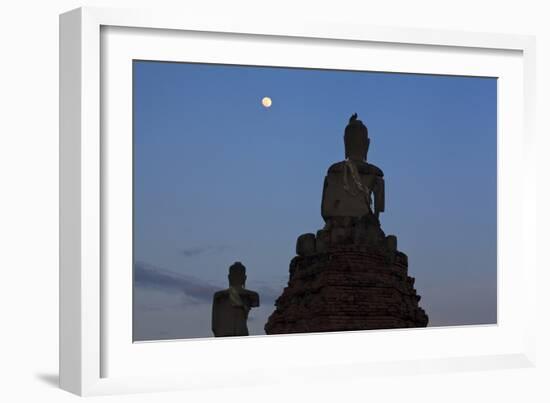 Stone Buddhas With Common Myna (Acridotheres Tristis) On Top And Moon. Thailand-Oscar Dominguez-Framed Photographic Print