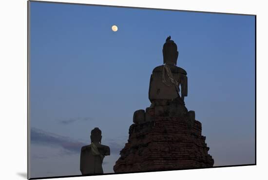 Stone Buddhas With Common Myna (Acridotheres Tristis) On Top And Moon. Thailand-Oscar Dominguez-Mounted Photographic Print