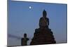 Stone Buddhas With Common Myna (Acridotheres Tristis) On Top And Moon. Thailand-Oscar Dominguez-Mounted Photographic Print