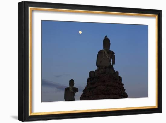 Stone Buddhas With Common Myna (Acridotheres Tristis) On Top And Moon. Thailand-Oscar Dominguez-Framed Photographic Print