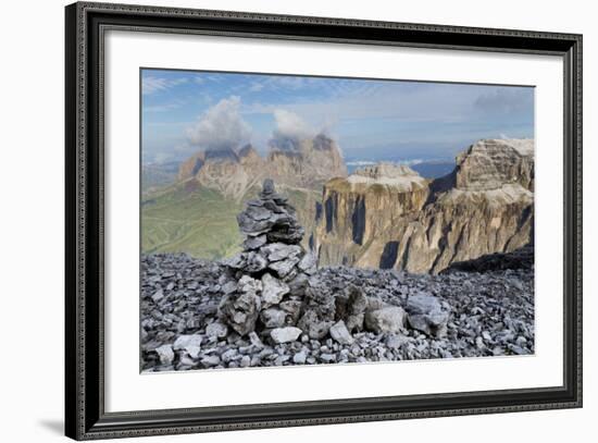 Stone Cairn on Sass Pordoi Mountain in the Dolomites Near Canazei-Martin Child-Framed Photographic Print