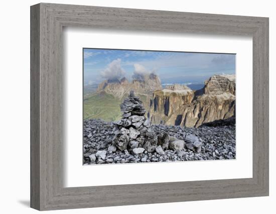 Stone Cairn on Sass Pordoi Mountain in the Dolomites Near Canazei-Martin Child-Framed Photographic Print