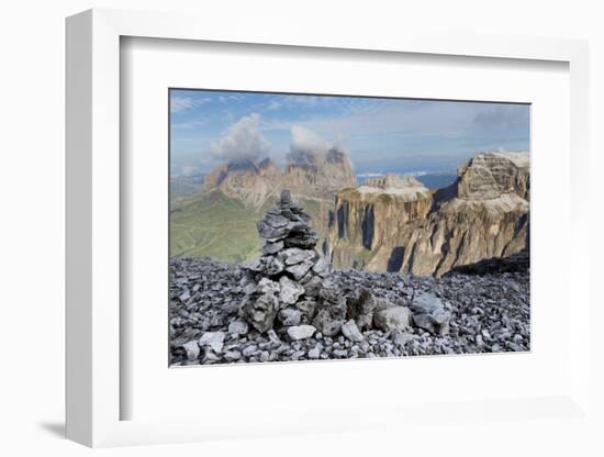 Stone Cairn on Sass Pordoi Mountain in the Dolomites Near Canazei-Martin Child-Framed Photographic Print