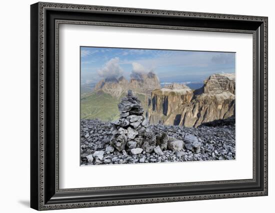 Stone Cairn on Sass Pordoi Mountain in the Dolomites Near Canazei-Martin Child-Framed Photographic Print