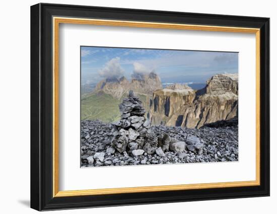 Stone Cairn on Sass Pordoi Mountain in the Dolomites Near Canazei-Martin Child-Framed Photographic Print