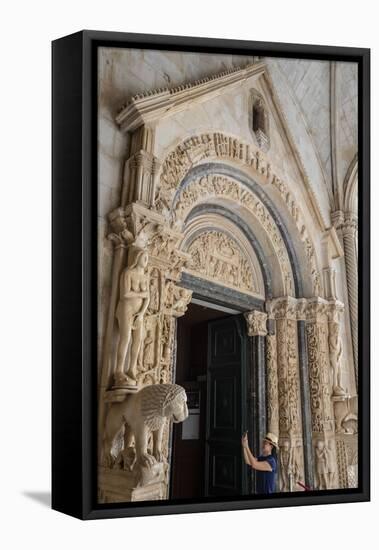 Stone carving outside The Cathedral of St. Lawrence, Trogir, UNESCO Wold Heritage Site, Croatia-Neil Farrin-Framed Premier Image Canvas