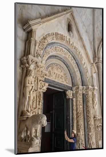 Stone carving outside The Cathedral of St. Lawrence, Trogir, UNESCO Wold Heritage Site, Croatia-Neil Farrin-Mounted Photographic Print