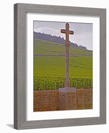 Stone Cross Marking the Grand Cru Vineyards, Romanee Conti and Richebourg, Vosne, Bourgogne, France-Per Karlsson-Framed Photographic Print