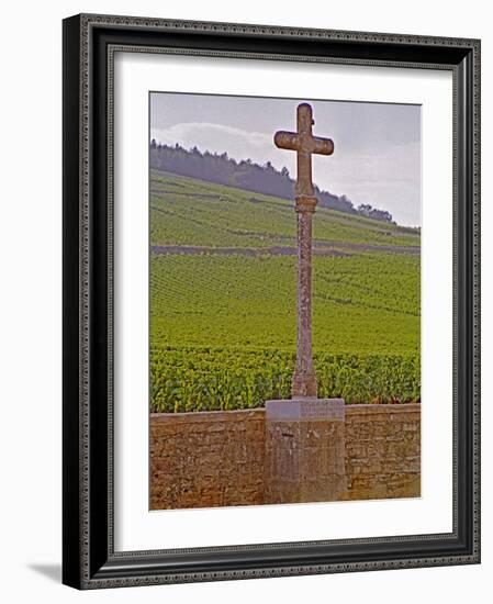 Stone Cross Marking the Grand Cru Vineyards, Romanee Conti and Richebourg, Vosne, Bourgogne, France-Per Karlsson-Framed Photographic Print