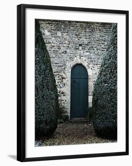 Stone Entry and Wood Door Flanked by Manicured Bushes-Tim Kahane-Framed Photographic Print