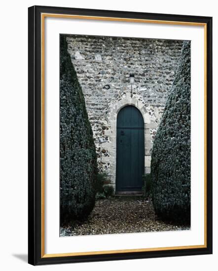 Stone Entry and Wood Door Flanked by Manicured Bushes-Tim Kahane-Framed Photographic Print