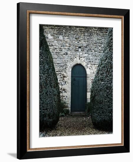 Stone Entry and Wood Door Flanked by Manicured Bushes-Tim Kahane-Framed Photographic Print