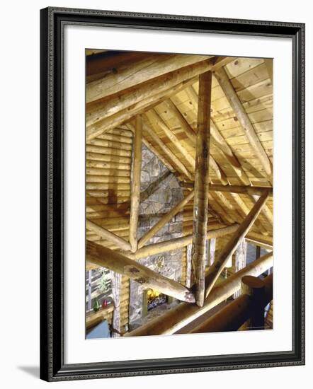 Stone Fireplace from Bedroom Loft of Summer Cabin Made from a Prefabricated Kit of Pine Logs-John Dominis-Framed Photographic Print