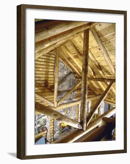 Stone Fireplace from Bedroom Loft of Summer Cabin Made from a Prefabricated Kit of Pine Logs-John Dominis-Framed Photographic Print