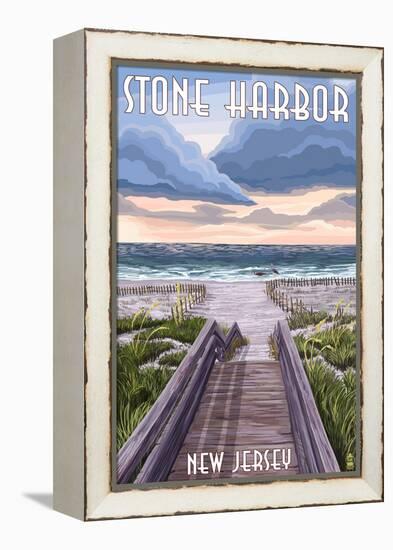 Stone Harbor, New Jersey - Beach Boardwalk Scene-Lantern Press-Framed Stretched Canvas