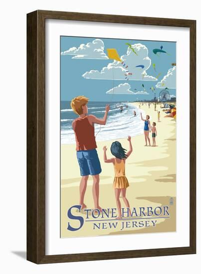 Stone Harbor, New Jersey - Kite Flyers-Lantern Press-Framed Art Print
