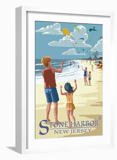 Stone Harbor, New Jersey - Kite Flyers-Lantern Press-Framed Art Print