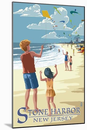 Stone Harbor, New Jersey - Kite Flyers-Lantern Press-Mounted Art Print