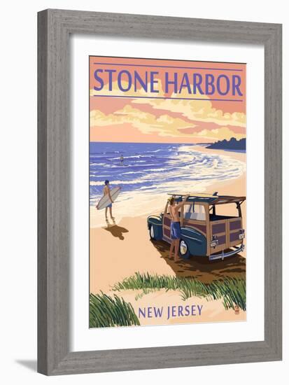 Stone Harbor, New Jersey - Woody on the Beach-Lantern Press-Framed Art Print