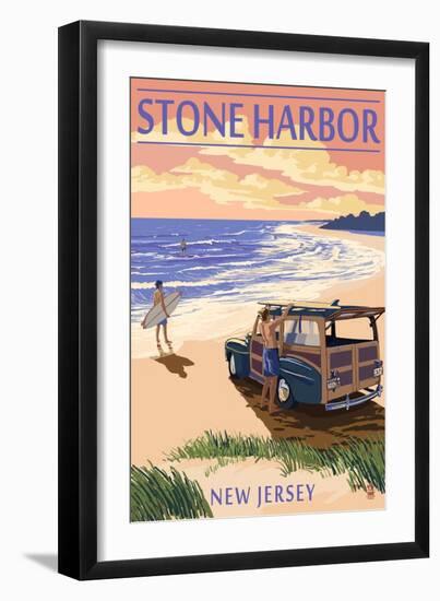 Stone Harbor, New Jersey - Woody on the Beach-Lantern Press-Framed Art Print