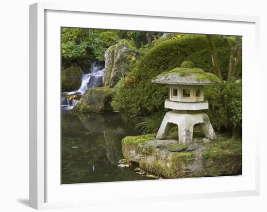 Stone Lantern and Heavenly Falls, Portland Japanese Garden, Oregon, USA-William Sutton-Framed Photographic Print