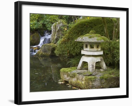 Stone Lantern and Heavenly Falls, Portland Japanese Garden, Oregon, USA-William Sutton-Framed Photographic Print