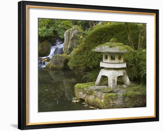 Stone Lantern and Heavenly Falls, Portland Japanese Garden, Oregon, USA-William Sutton-Framed Photographic Print