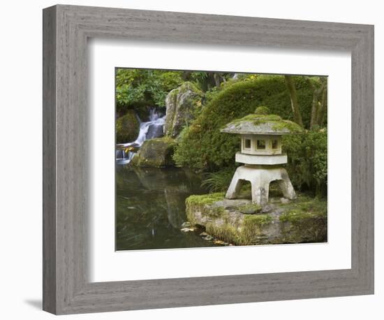 Stone Lantern and Heavenly Falls, Portland Japanese Garden, Oregon, USA-William Sutton-Framed Photographic Print