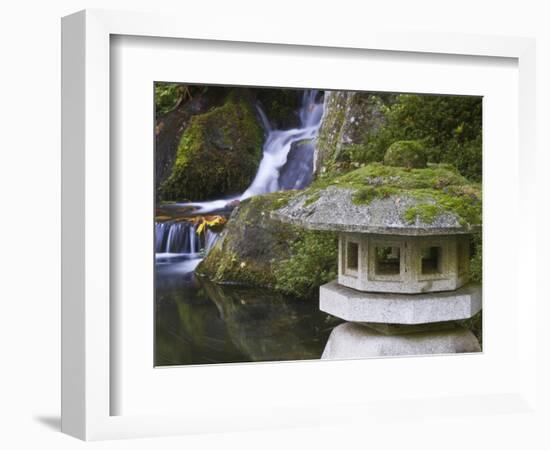 Stone Lantern and Heavenly Falls, Portland Japanese Garden, Oregon, USA-William Sutton-Framed Photographic Print