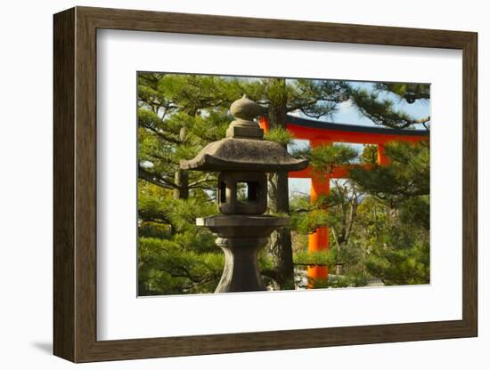 Stone lantern and Torii gate in Fushimi Inari Shrine, Kyoto, Japan-Keren Su-Framed Photographic Print