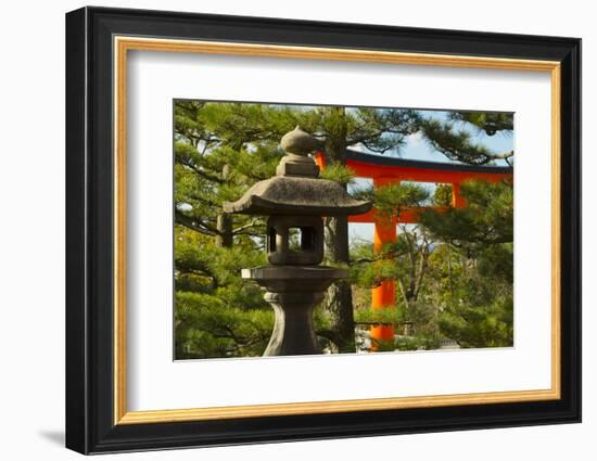 Stone lantern and Torii gate in Fushimi Inari Shrine, Kyoto, Japan-Keren Su-Framed Photographic Print