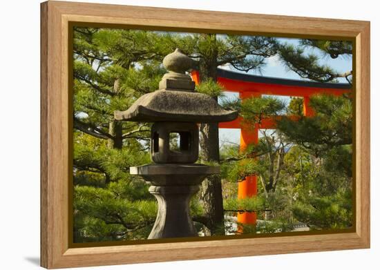 Stone lantern and Torii gate in Fushimi Inari Shrine, Kyoto, Japan-Keren Su-Framed Premier Image Canvas