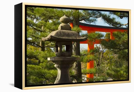 Stone lantern and Torii gate in Fushimi Inari Shrine, Kyoto, Japan-Keren Su-Framed Premier Image Canvas