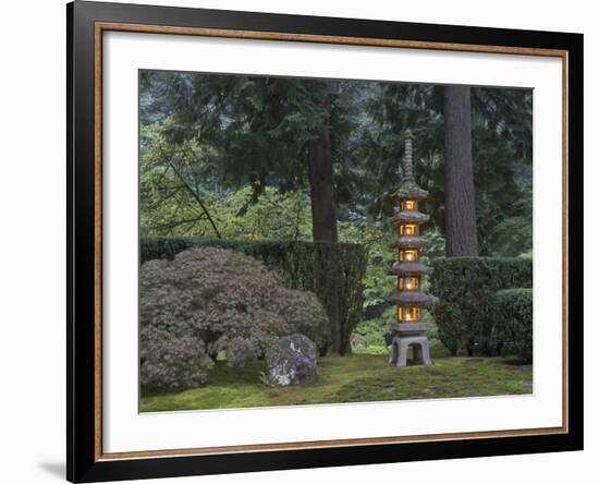 Stone Lantern Illuminated with Candles, Portland Japanese Garden, Oregon, USA-William Sutton-Framed Photographic Print