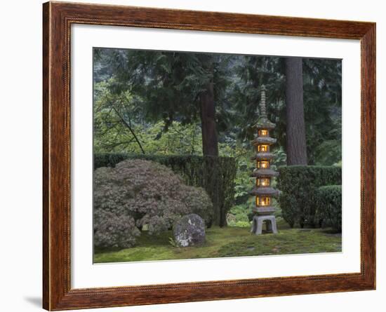 Stone Lantern Illuminated with Candles, Portland Japanese Garden, Oregon, USA-William Sutton-Framed Photographic Print