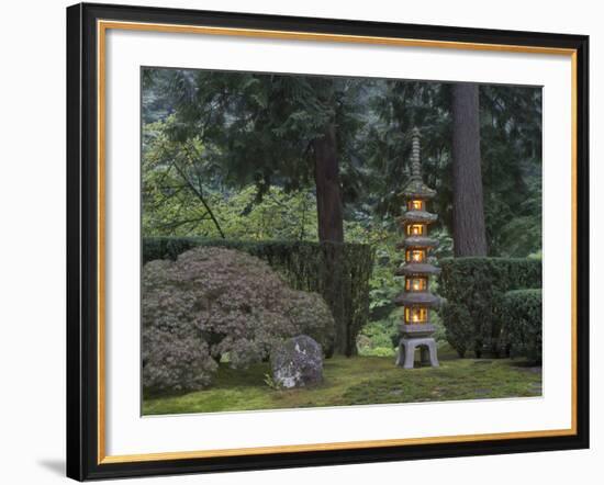 Stone Lantern Illuminated with Candles, Portland Japanese Garden, Oregon, USA-William Sutton-Framed Photographic Print