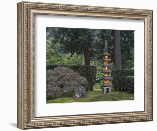 Stone Lantern Illuminated with Candles, Portland Japanese Garden, Oregon, USA-William Sutton-Framed Photographic Print