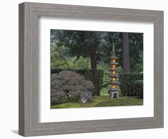 Stone Lantern Illuminated with Candles, Portland Japanese Garden, Oregon, USA-William Sutton-Framed Photographic Print