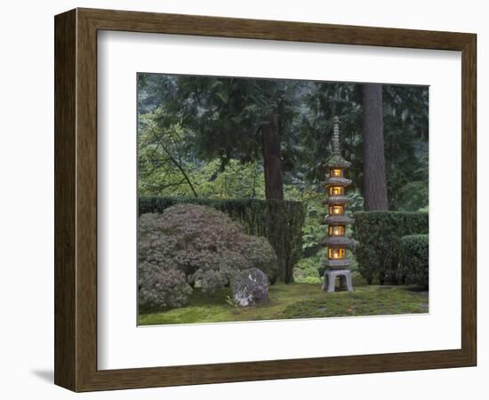 Stone Lantern Illuminated with Candles, Portland Japanese Garden, Oregon, USA-William Sutton-Framed Photographic Print